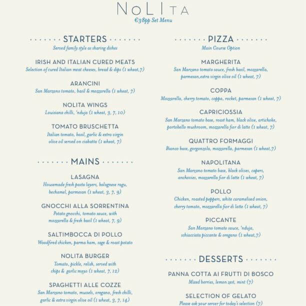 NoLIta set menu group bookings 2020 | NoLIta