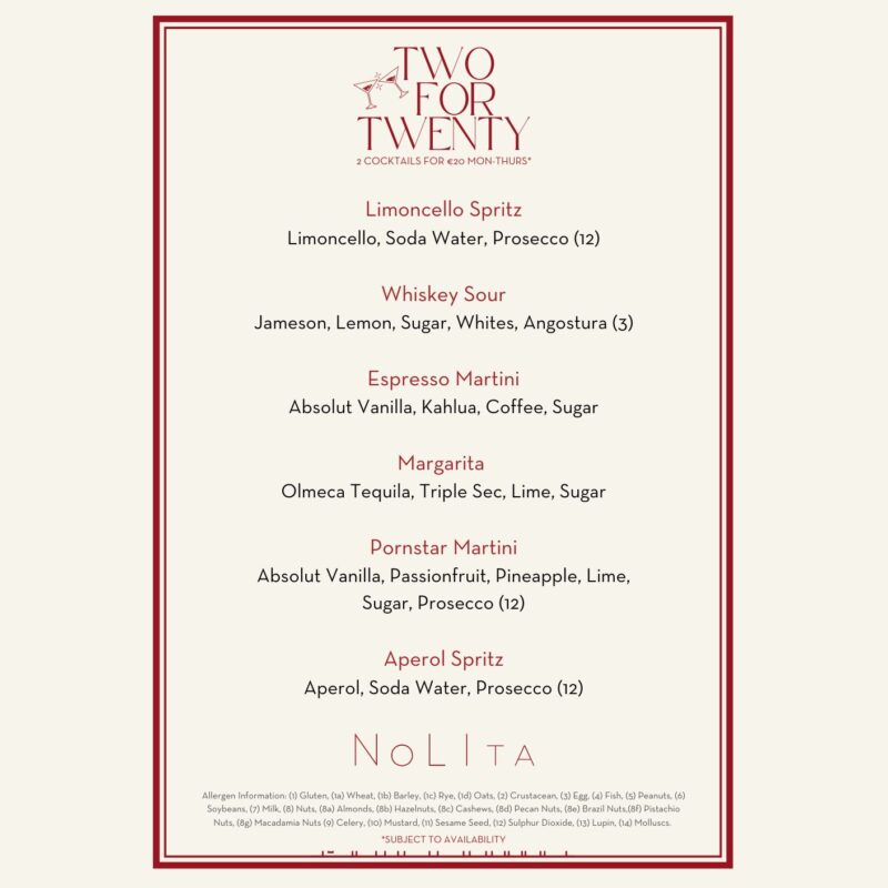 2 for €20 Cocktails at NoLIta Menu